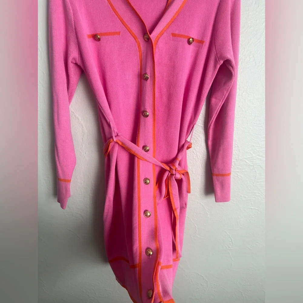 Pink Queen Women's Long Sleeve Button Down Sweater Dress with Belt Size Medium - Picture 6 of 11